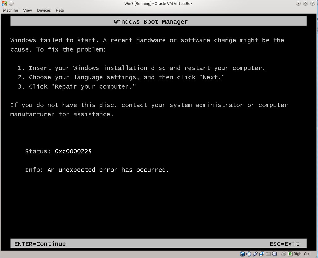 VirtualBox - Windows 7 startup error 0xc0000225