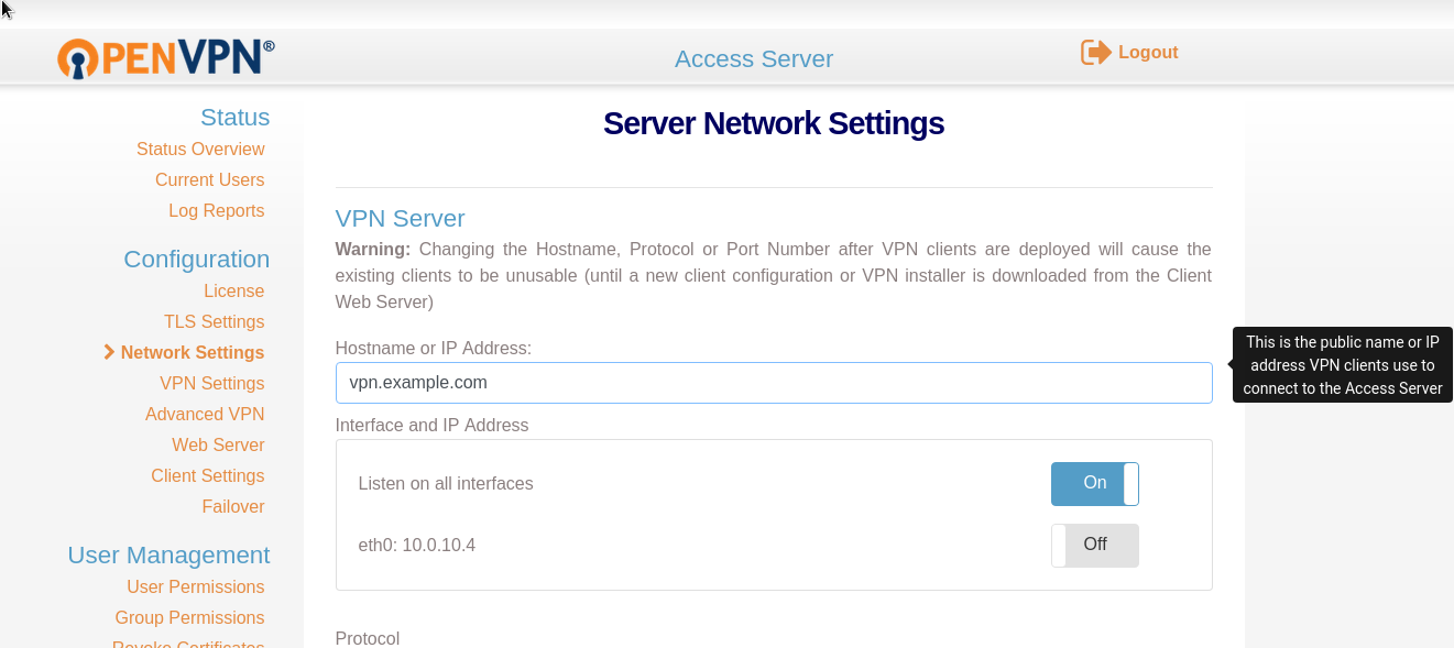 change openvpn access server config